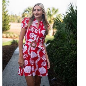 SAIL to SABLE
Sea Stripe Print Mandarin Collar Short Puff Sleeve Belted Dress